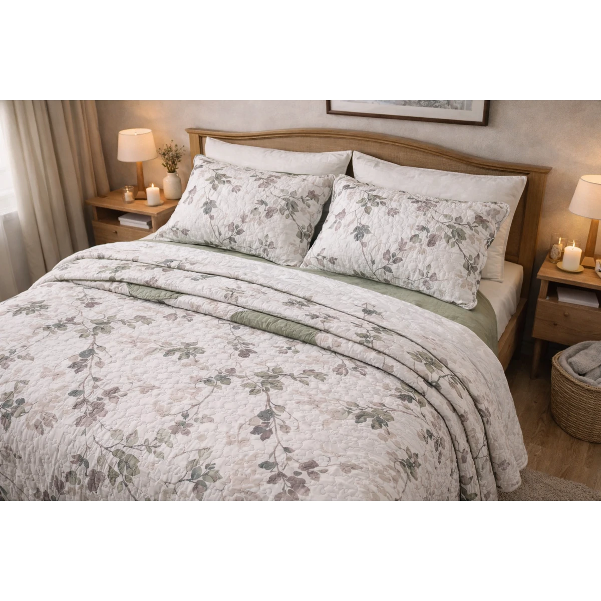 Manamo Carrie Bed Cover  Ecru/Green Double 240x250+50x70 cm (2pc)