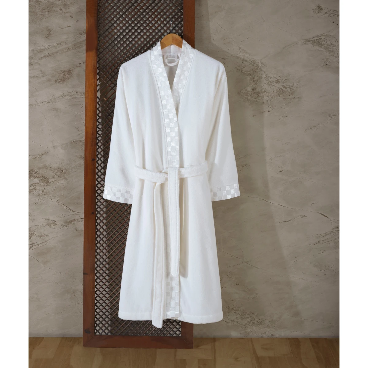 Manamo Checker Bathrobe Microcotton Ecru  S/M