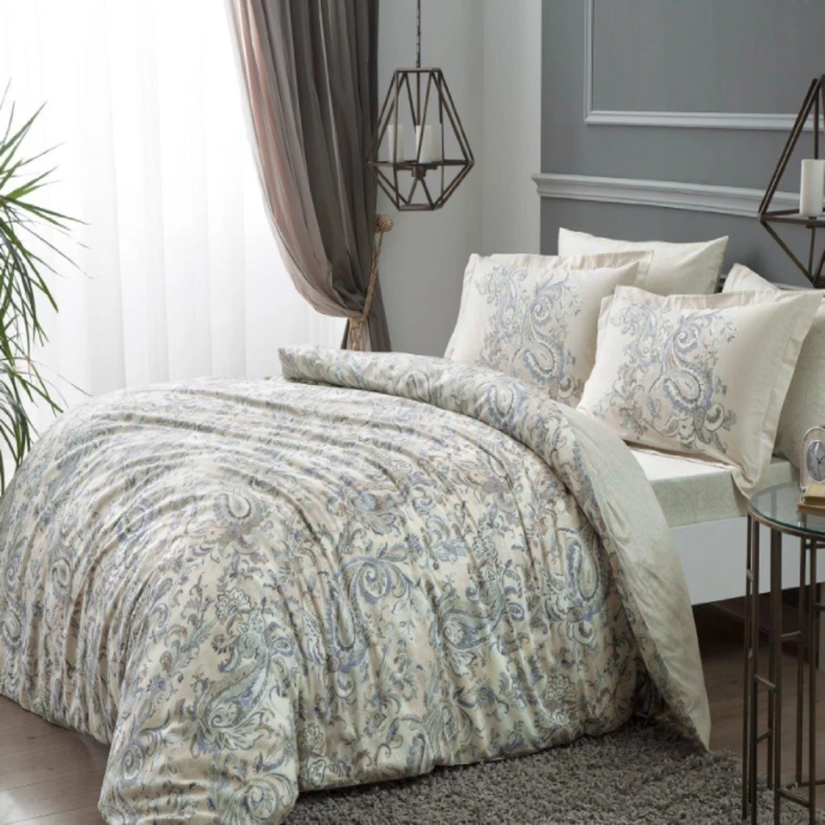 TAC Crosby Digital Saten Bed Linen Set Double Size 200x220+240x260+50x70(4pc) cm