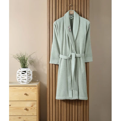 Manamo Tiny Rose Embroidered Bathrobe Cotton Cameo Green S/M