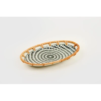 Manamo Brenna Plate Ceramic / Rattan Blue/White 20x12x2.5 cm